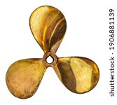 Small photo of Vintage three bladed brass ship screw propeller isolated on a white background