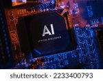 Artificial intelligence concept with computer chip. AI microprocessor closeup.