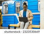 Young African American businesswoman with laptop sitting on bench against blue subway train and organizing work or using video chat