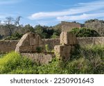 Small photo of Old stone irrigation ditch in disuse and in a ruinous state. Drought problem in Spain. Island of Mallorca, Spain