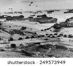 Omaha Beach after D-Day. Protected by barrage balloons, ships delivered trucks loaded with supplies. June 7-10, 1944, World War 2. Normandy, France, World War 2.