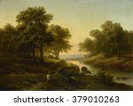Landscape, by Alexandre Calame, 1830-45, Dutch painting, oil on canvas. Sunset reflected in a river with shepherd on horseback with sheep and a cow.