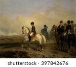 Emperor Napoleon I and his Staff on Horseback, Horace Vernet, c. 1815-50, French oil painting. In the distance is the smoke from a battle of the Napoleonic Wars