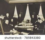 Small photo of President Theodore Roosevelt with members of his cabinet January 1903. Clockwise from the President on lower left: TR; Leslie Shaw, Treasury; Philander Knox, AG; George Cortelyou, Commerce & Labor; Ja