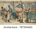 Small photo of DECLINED WITH THANKS, political cartoon with Pres. McKinley measured by Uncle Sam for new and bigger clothes. Anti-expansionists Carl Schurz, Joseph Pulitzer, and Oswald Ottendorfer, offer Uncle Sam a