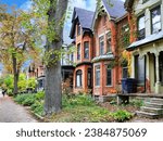 Small photo of Street with narrow Victorian semi-detached houses with gables