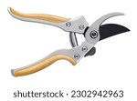 Small photo of Gardening tool equipment. Single steel garden scissor with wooden grip for pruned or plants, and flowers garden work. Pruning of vineyard or fruit tree. Top view isolated on white with clipping path