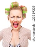 Small photo of Funny pin-up girl screaming, close-up portrait isolated on white. Old / retro style portrait - shakeup / alarm