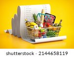 Shopping basket with foods on receipt. Grocery  expenses budget, inflation and consumerism concept. 3d illustration