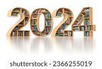 Happy 2024 new year education concept. Bookshelves with books in the form of text 2024. 3d illustration