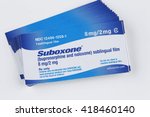 Small photo of NEW YORK CITY - MAY 10 2016: Suboxone combines bupenorphine, a long-acting narcotic, & naloxone, a opiate antagonist administered sublingualy to treat narcotics additions in long-term programs