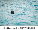 Small photo of Black plastic canister floats in the sea. Household waste, concept of lack of respect for the environment