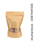 Small photo of Dog food - dried beef offal (trachea) in the craft package isolated on white background. Natural chewing treats.