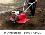 Small photo of Man working in the garden with garden tiller machine. Garden tiller to work, close up.