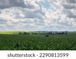 Small photo of A farm tractor with a trailed sprayer processes a field sown with corn with plant protection products. Western Ukraine, Ternopil region.