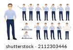 Handsome business young man in blue shirt. Different poses set. Various gestures male character standing and sitting at the desk isolated vector illustration