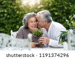 Asian Senior man kissing wife cheek in wedding anniversary. Happy Japanese Elderly Couple in love enjoying with planting flower in garden. Older Chinese family having fun at house. Valentines day. 