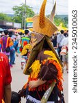 Small photo of LOEI-THAILAND-JUNE 24 : Detail of ghost mask for Phi Ta Khon Festival in the Dan Sai District, Loei, June 24, 2023, Loei Province, Thailand.