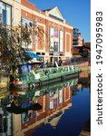 Small photo of Waterside Shopping center with a barge on the River Witham in the centre of Lincoln Lincolnshire, UK November 2020