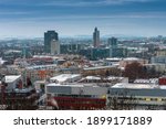 Panoramic view of  Brno in Czech Republic. There is a hospital with heliport in the foreground. In the middle there are two towers of Spielberk office centre and AZ tower and M-Palace.
