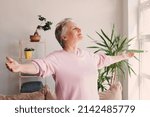 Excited elderly mature retired woman dancing in living room with widely opened outstretched arms, enjoying freedom. Overjoyed happy older female pensioner satisfied with leisure weekend time at home.