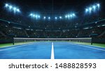 Blue tennis court and illuminated indoor arena with fans, player front view, professional tennis sport 3d illustration background