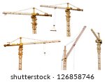 set of yellow hoisting cranes isolate on white background