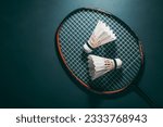 badminton shuttlecock with rackets on court decoration for competitive high performance indoors sports game tournament match equipments copy space