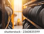 new car tire mix type on storage shelf at warehoue stock inventory in auto garage workshop for sale