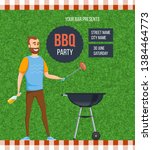 Summer picnic on fresh air, advertising poster bbq party. Man is preparing fresh, juicy, delicious meat steak on grill. Invitation, poster template, flyer for passage to event. Vector illustration.