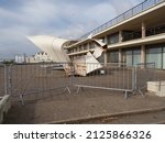 Small photo of Bexhill on Sea-Sussex-UK-February 19,2022: Storm Eunice has damaged architecture at iconic art deco coastal building De La Warr Pavilion.Barriers in place to stop access .Health and Safety