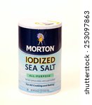 Small photo of TWINSBURG, OH, USA - FEBRUARY 7, 2015: A package of Morton Iodized Sea Salt on white. This fairly recent addition to the Morton line hopes to capitalize on the popularity of sea salt.