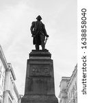 Small photo of Statue of 1st Baron Robert Clive (aka Clive of India) commander in chief of British India in London, UK in black and white