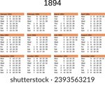 calendar of year 1894 in English language