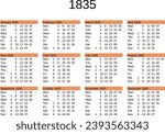 calendar of year 1835 in English language