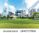 Public park and skyline in downtown district of Hong Kong city