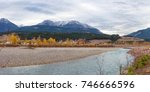 Panoramic view of the Rocky Moutains and Kicking Horse river from the town of Golden in British Columbia, Canada