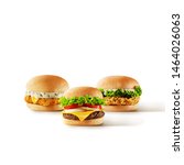 Small photo of a beef burger chicken burger and fish burger in the white limbo background