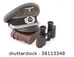 Small photo of Composition with German officer service cap (Wehrmacht) and popular field glass (sixfold) with leather box. ONLY FOR HISTORICAL PURPOSES!!