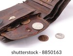 Small photo of Old ragged purse wit cent coins. Symbol of abject poverty