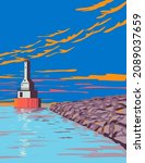 WPA poster art of a Lighthouse at FJ McLain State Park on the Keweenaw Peninsula in Houghton County, Michigan, United States of America USA done in works project administration style.