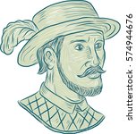 Drawing sketch style illustration of Juan Ponce de Leon, a Spanish explorer and conquistador who led first European expedition to Florida while searching for Fountain of Youth on white background. 