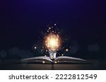 Educational knowledge and business education ideas, Innovations, Glowing light bulb on a book, self-learning, Inspiring from read concept, knowledge and searching for new ideas. Thinking for new idea.