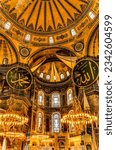 Small photo of ISTANBUL, TURKEY - MAY 10, 2023 Hagia Sophia Mosque Illuminated Basilica Istanbul Turkey. Emperor Justinian built Constantinople cathedral in 537 AD. Turks converted to a mosque in 1453.