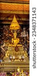 Small photo of BANGKOK, THAILAND - FEBRUARY 5, 2023 Colorful Golden Historical Buddha Under Umbrella Phra Buddha Ubosot Ordination Hall Wat Pho Po Temple Complex Bangkok Thailand. Temple built 1600s. Buddha 1500