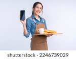 Small photo of smart friendly asian female glasses barista small coffee shop owner in apron hand gesture welcome customer come and enjoy his coffee drink,happy girl show smartphone online order is ready for you