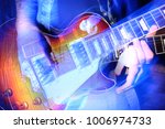 Small photo of rock n roll music, creativity, passion concept. bright mixed photos of rock guitar in brutish hands of male musician, that is preforming compositions on the scene