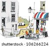 Vector Illustration Of French Cafe With Sun Umbrellas And People Dining ...
