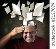 Conceptual image of papers coming out of a mans head with pain expression - stock photo